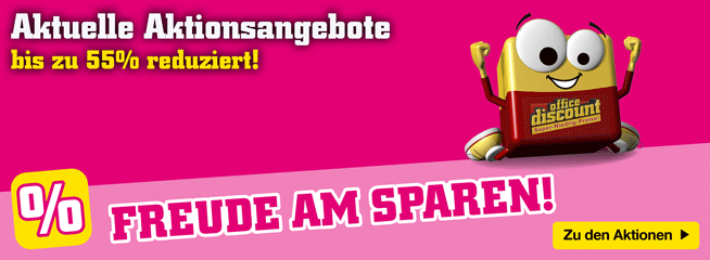 Ein gelbes Maskottchen mit großen Augen und einem breiten Lächeln hält ein rotes Schild mit der Aufschrift 'Aktuelle Aktionsangebote bis zu 55% reduziert!'. Darunter steht 'FREUDE AM SPAREN!' in pinker Schrift