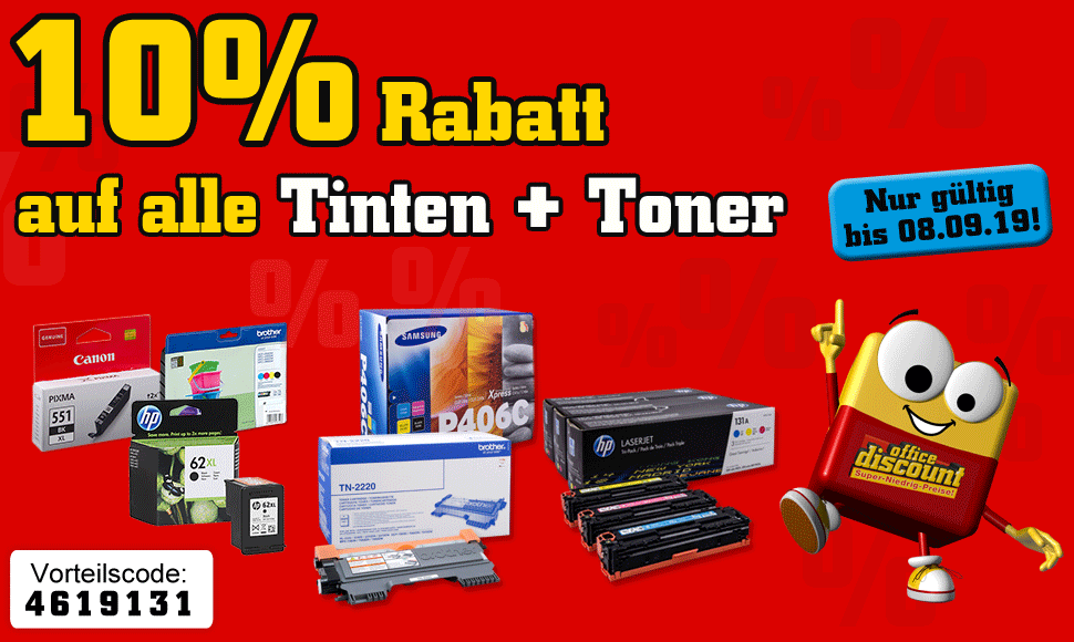 10% Rabatt auf alle Tinten und Toner